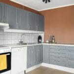 Minimalistyczna kuchnia z szarymi szafkami i nowoczesnym AGD